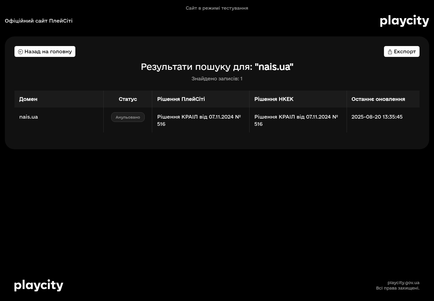 Знімок офіційного пошуку за доменом nais.ua від 23 серпня 2026 року