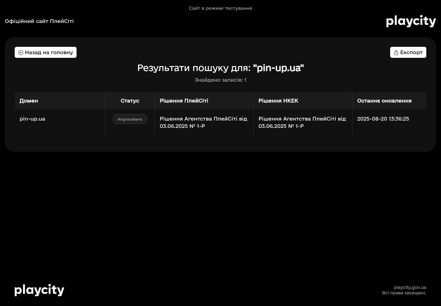 Знімок офіційного пошуку за доменом pin-up.ua від 23.08.2026